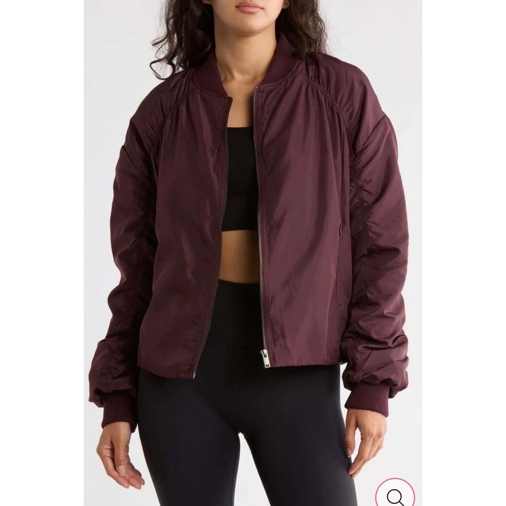 Z by Zella Womens Burgundy Ruched Sleeve Bomber Jacket Size L Full Zip Pocket